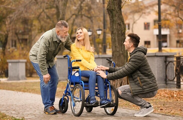 Une femme en fauteuil roulant avec ses proches aidants