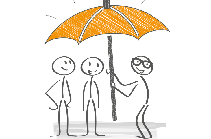 Des personnages souriants sont protégés par un parapluie