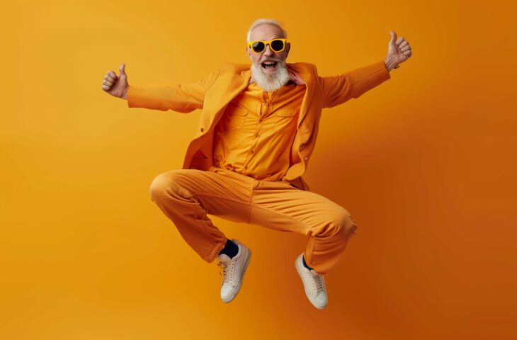 Un homme senior en costume jaune et lunettes de soleil, saute de joie