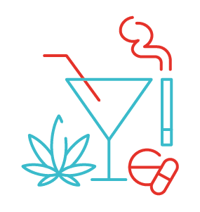 picto représentant les différentes addictions (tabac, alcool, drogue, médicament)