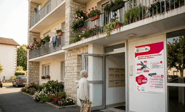 Photo de l'action de prévention contre le moustique tigre menée par la Mutualité Française Nouvelle-Aquitaine auprès des résidents de logements sociaux au Pays Basque