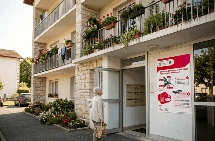 Photo de l'action de prévention contre le moustique tigre menée par la Mutualité Française Nouvelle-Aquitaine auprès des résidents de logements sociaux au Pays Basque